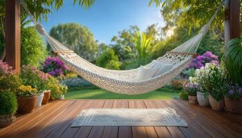 Relaxing hammock retreat in a vibrant garden oasis outdoor lifestyle serene environment daytime view photo