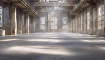 Abandoned factory interior flooded with light industrial space wide-angle view urban exploration photo