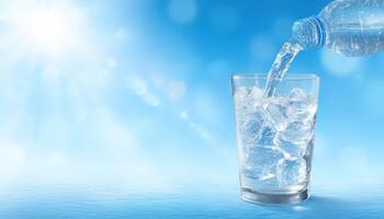 Refreshing water pouring into glass bright blue background beverage photography cheerful atmosphere photo