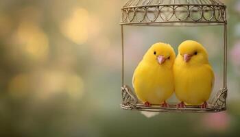 Charming scene of two cute yellow birds perched in a cage nature setting soft background photo
