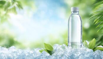 Refreshing clear glass water bottle on ice nature setting product photography vibrant environment photo