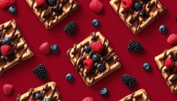 Deliciously decorated waffles flat lay culinary art creative presentation indoor top view photo