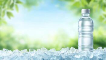 Refreshing clear glass water bottle with ice nature background beverage outdoor close-up view photo