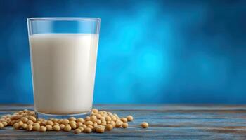Refreshing chilled soy milk glass with soybeans kitchen setting drink photography modern environment eye-level view photo