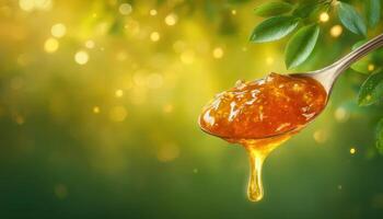 Glistening fruit jelly on a spoon nature setting food photography vibrant atmosphere close-up shot photo