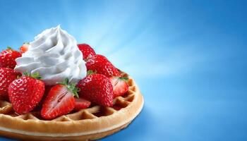 Delicious waffle dessert with strawberries and cream blue background food photography bright environment close-up photo