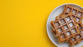 Delicious waffle overhead view bright setting food photography vibrant colors culinary delight photo