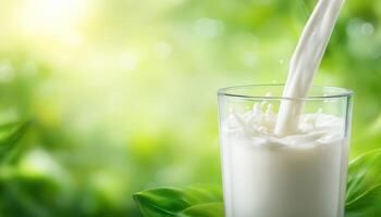 Pouring soy milk into a clear glass nature setting close-up shot freshness concept photo