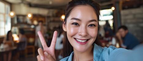 Joyful girl posing with peace sign cozy room portrait photography bright and inviting atmosphere playful concept photo