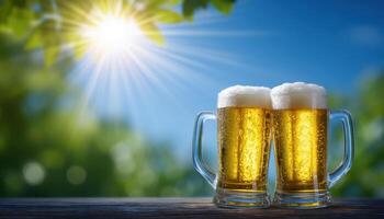 Cheers to good times two frosted beer mugs toasting in a lush outdoor setting photo