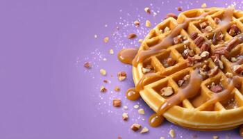 Delicious classic waffle with caramel drizzle on lavender background food photography sweet treat photo