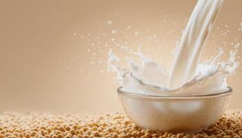 Pouring soy milk waves into a bowl kitchen setting food photography soft lighting conceptual display photo