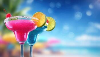 Colorful cocktail glasses clinking at beachside bar tropical paradise closeup vibrant environment photo