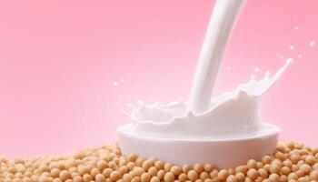 Soy milk waves poured into bowl soft pink background food photography smooth textures conceptual visual photo