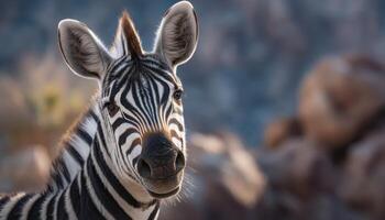Young zebra playing in sunlight african savanna wildlife photography natural habitat close-up view photo