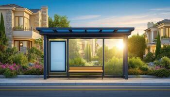 Serene bus stop scene idyllic neighborhood urban photography daylight tranquil atmosphere photo
