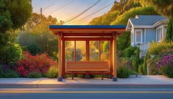 Idyllic bus stop in a peaceful neighborhood nature scene low-resolution view photo