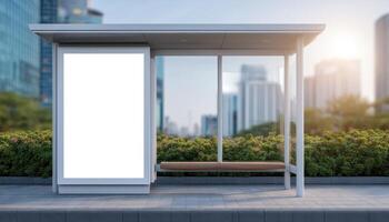 Urban minimalist bus stop design in a city landscape modern architecture daylight clean aesthetic photo
