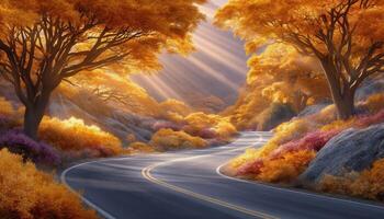 Winding autumn road surrounded by colorful trees scenic nature landscape peaceful rural setting photo