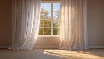 Serene minimalist bedroom with flowing white curtains bright natural light indoor environment tranquil view photo