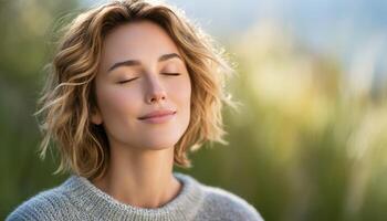Serene meditation portrait of a woman in sun-drenched nature soft lighting calm environment photo
