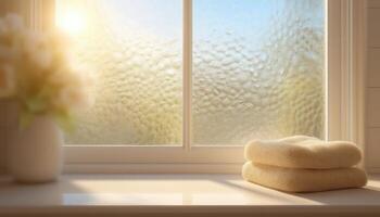 Sunlit bathroom scene with frosted glass windows cozy towels natural light serene atmosphere photo