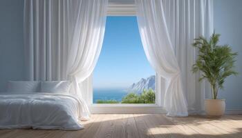 Tranquil minimalist bedroom with ocean view serene atmosphere interior design coastal environment bright perspective photo