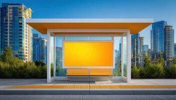 Vibrant city bus stop bathed in warm sunlight urban landscape photography daytime modern concept photo