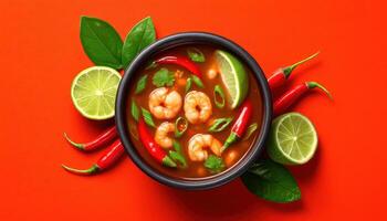 Spicy tom yum kung bowl thailand food photography vibrant colors top view culinary delight photo