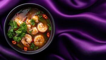 Gourmet tom yum kung presentation elegant black bowl culinary delight luxurious setting close-up view photo