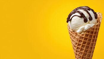Delicious ice cream waffle cone with chocolate drizzle bright yellow background food photography photo