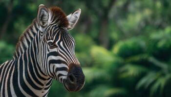 Zebra close-up portrait in sunlight nature reserve wildlife photography lush green environment photo