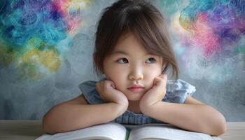 Contemplative little asian girl at desk indoor study environment close-up shot childhood curiosity photo