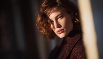 Captivating portrait of a young woman urban setting fashion photography soft lighting close-up personal expression photo