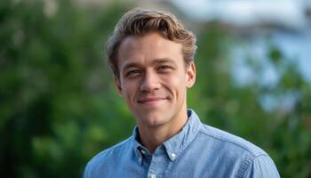 Smiling young man outdoor setting portrait photography natural light casual atmosphere photo