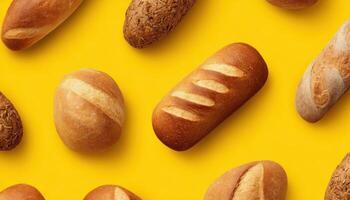 Delicious bread rolls variety displayed overhead yellow background food photography bright environment conceptual view photo