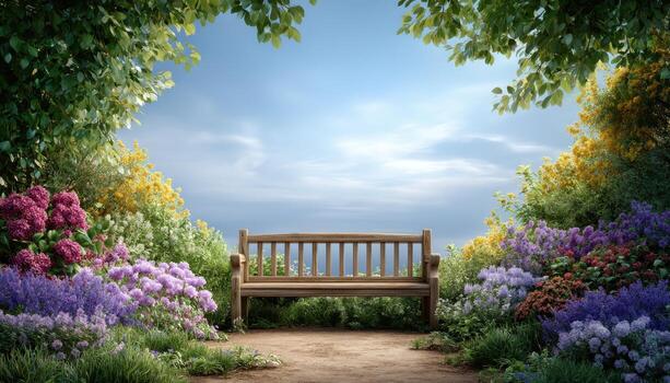 Charming garden nook with rustic bench surrounded by colorful flowers tranquil environment scenic viewpoint photo