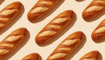 Golden brown baguettes playfully arranged on a standard surface food photography bright environment photo
