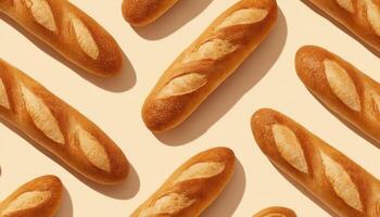 Playful arrangement of goldenbrown baguettes on a standard surface food photography bright environment aesthetic view photo