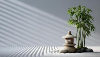 Zen garden serenity minimalist bamboo and stone lantern in tranquil indoor setting photo