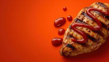 Grilled chicken breast with ketchup gourmet presentation dining table modern kitchen top view culinary delight photo