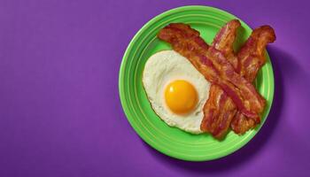 Delicious breakfast plate with bacon and egg kitchen setting food photography vibrant colors top view photo