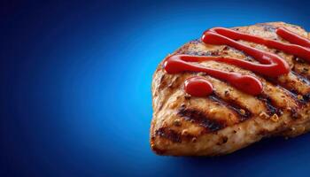 Juicy grilled chicken breast with ketchup vibrant blue background food photography close-up delicious concept photo