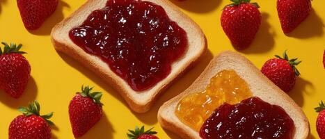 Colorful breakfast spread with jam and berries kitchen table food photography bright atmosphere top view photo