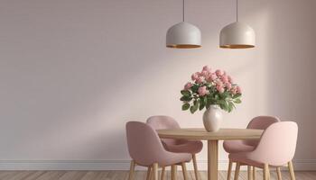 Charming dining corner with round wooden table modern interior floral decor cozy atmosphere elegant view photo