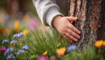 Child's hand exploring smooth bark of young tree nature scene colorful wildflowers close-up view photo