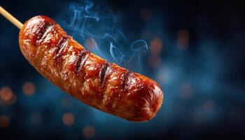 Grilled sausage on a stick backyard bbq gathering food photography evening setting close-up view photo