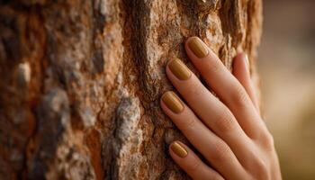 Nature closeup of hand with earthtoned nail polish touching tree bark in outdoor environment photo