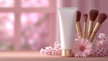 Beauty essentials closeup of blank cream tube and brushes in soft pink setting photo
