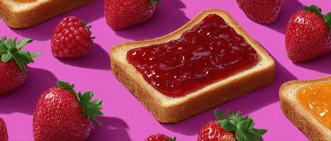 Colorful toast with jam and berries kitchen setting food photography bright environment top view photo